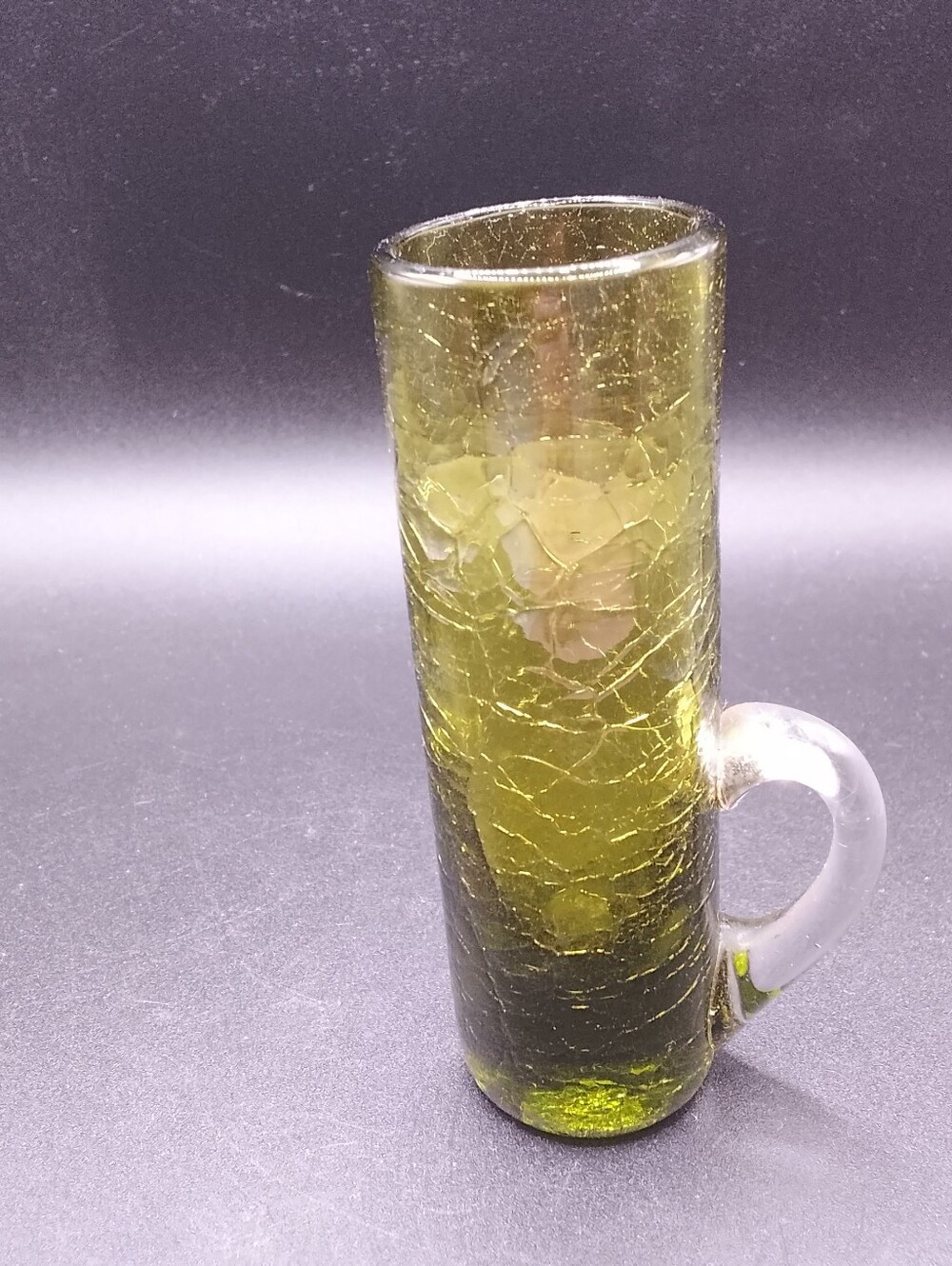 Miniature Crackle Glass Pitcher 4" olive green mid century